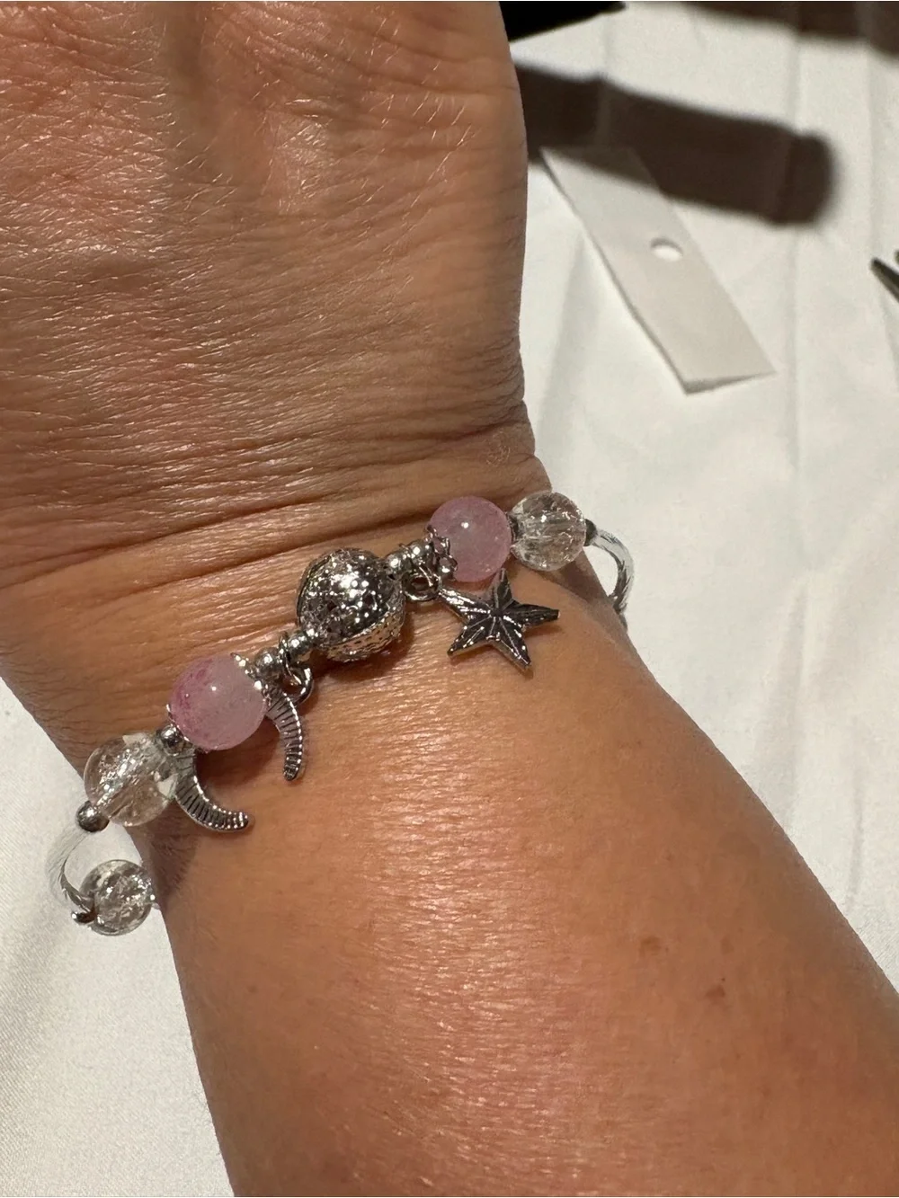 Pink & Clear Beaded Moon Star Bracelet – Silver Tone Celestial Charm Bracelet
